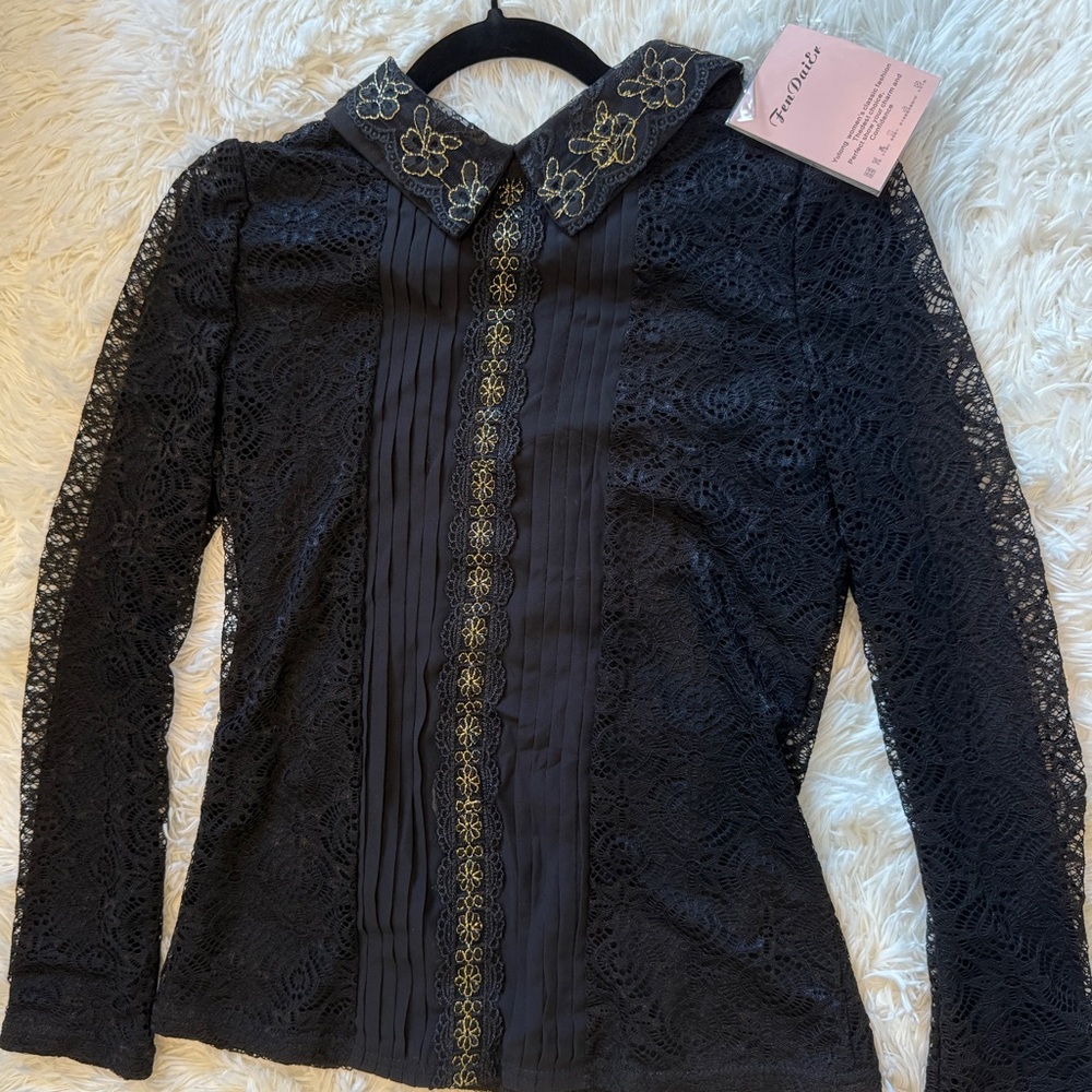 Black Lace Top with Gold Embroidery